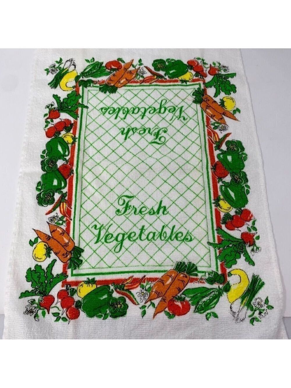 Vintage Retro Kitchen Towel Fresh Vegetable Fringe Peppers Mushrooms Onions